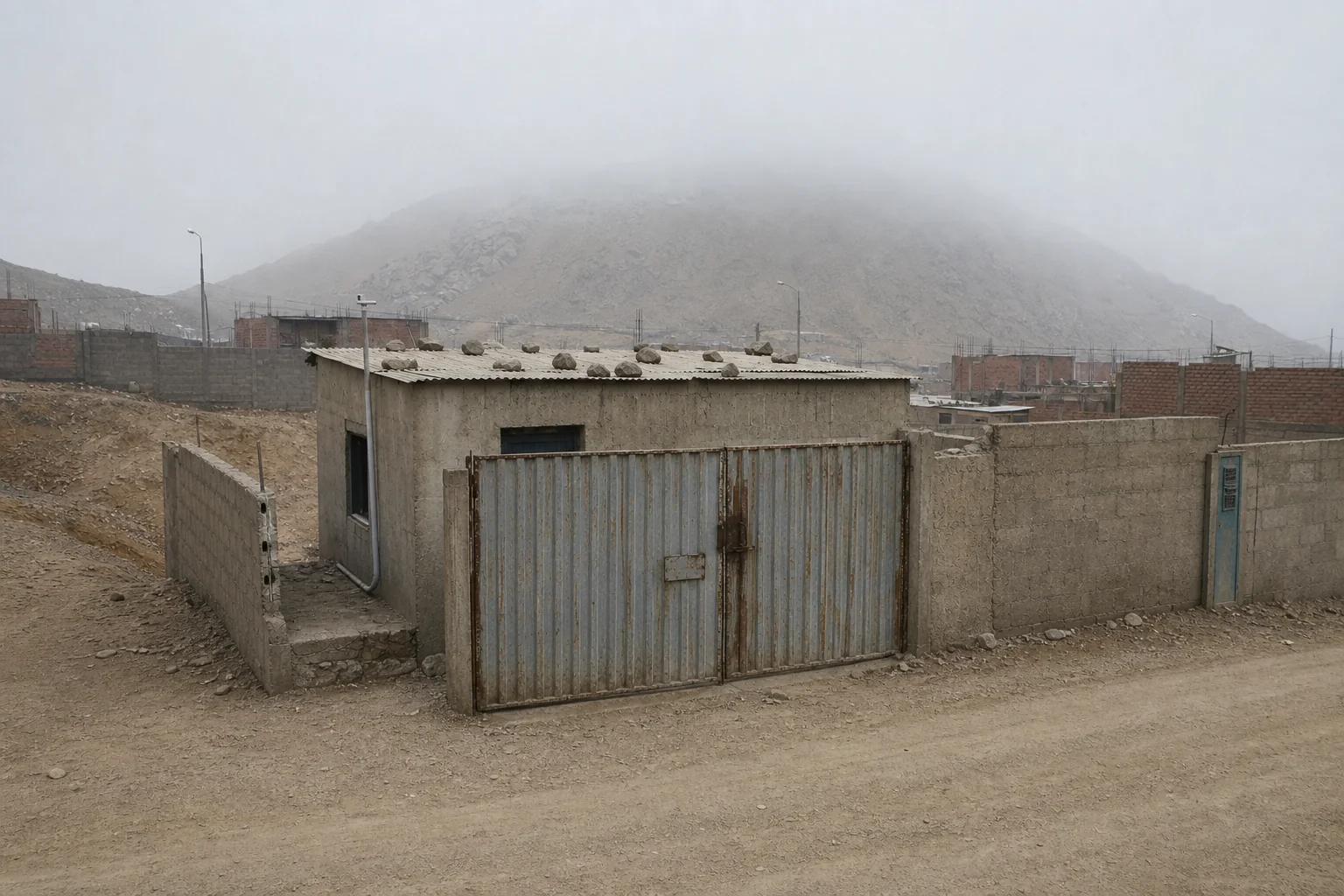 Vista actual del Depósito Norte, un edificio de hormigón con portón metálico bajo cerros cubiertos de garúa