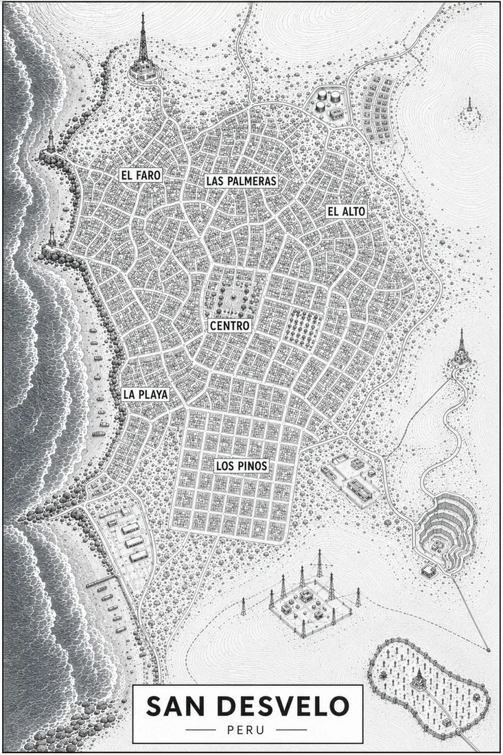 Plano general con los barrios Centro, El Faro, Las Palmeras, El Alto, La Playa y Los Pinos.