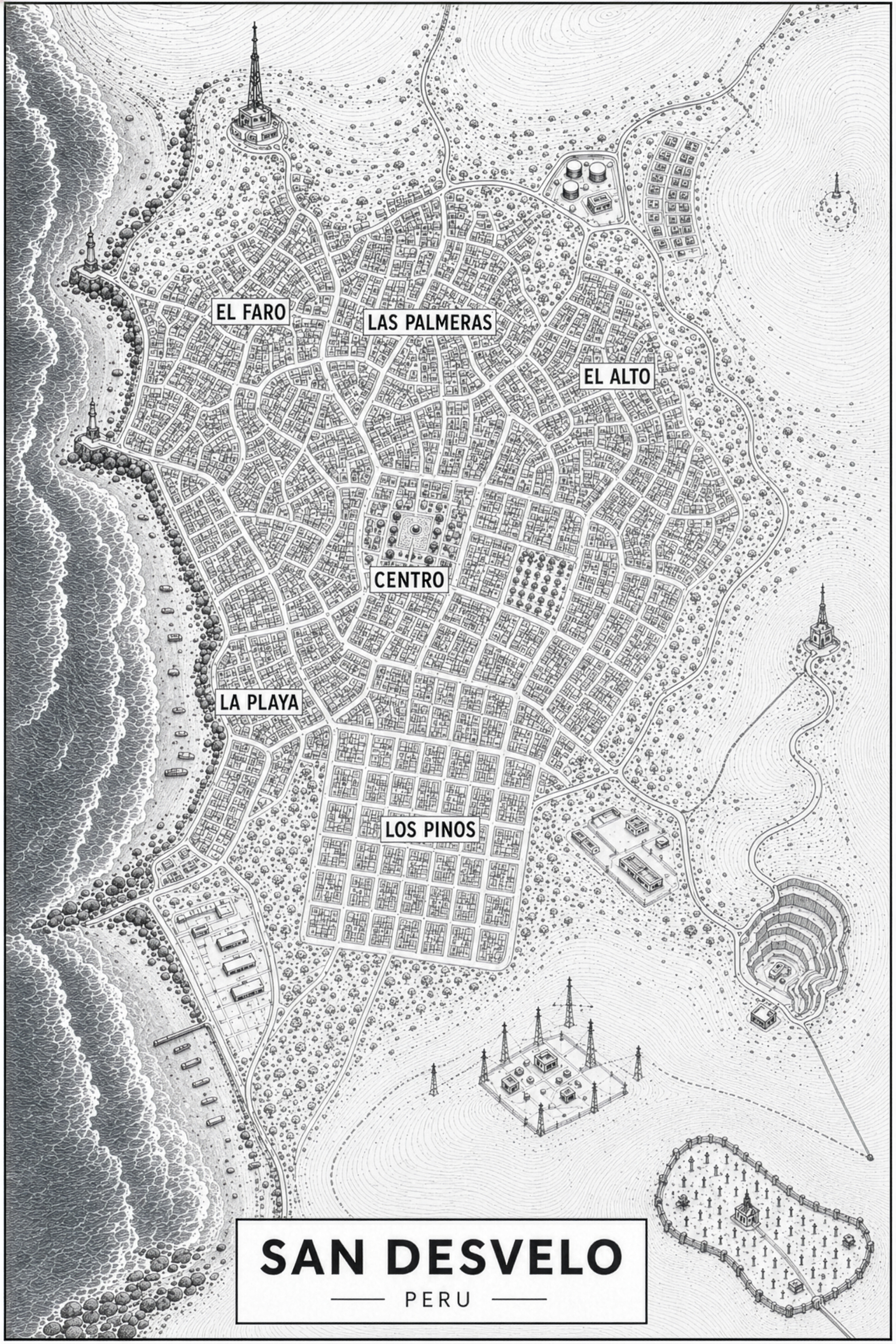 Plano general con los barrios Centro, El Faro, Las Palmeras, El Alto, La Playa y Los Pinos.