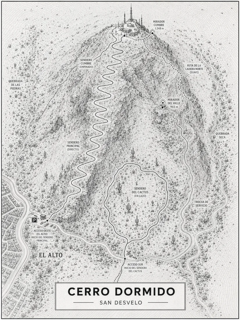 Rutas de acceso, senderos, miradores y alturas del Cerro Dormido.