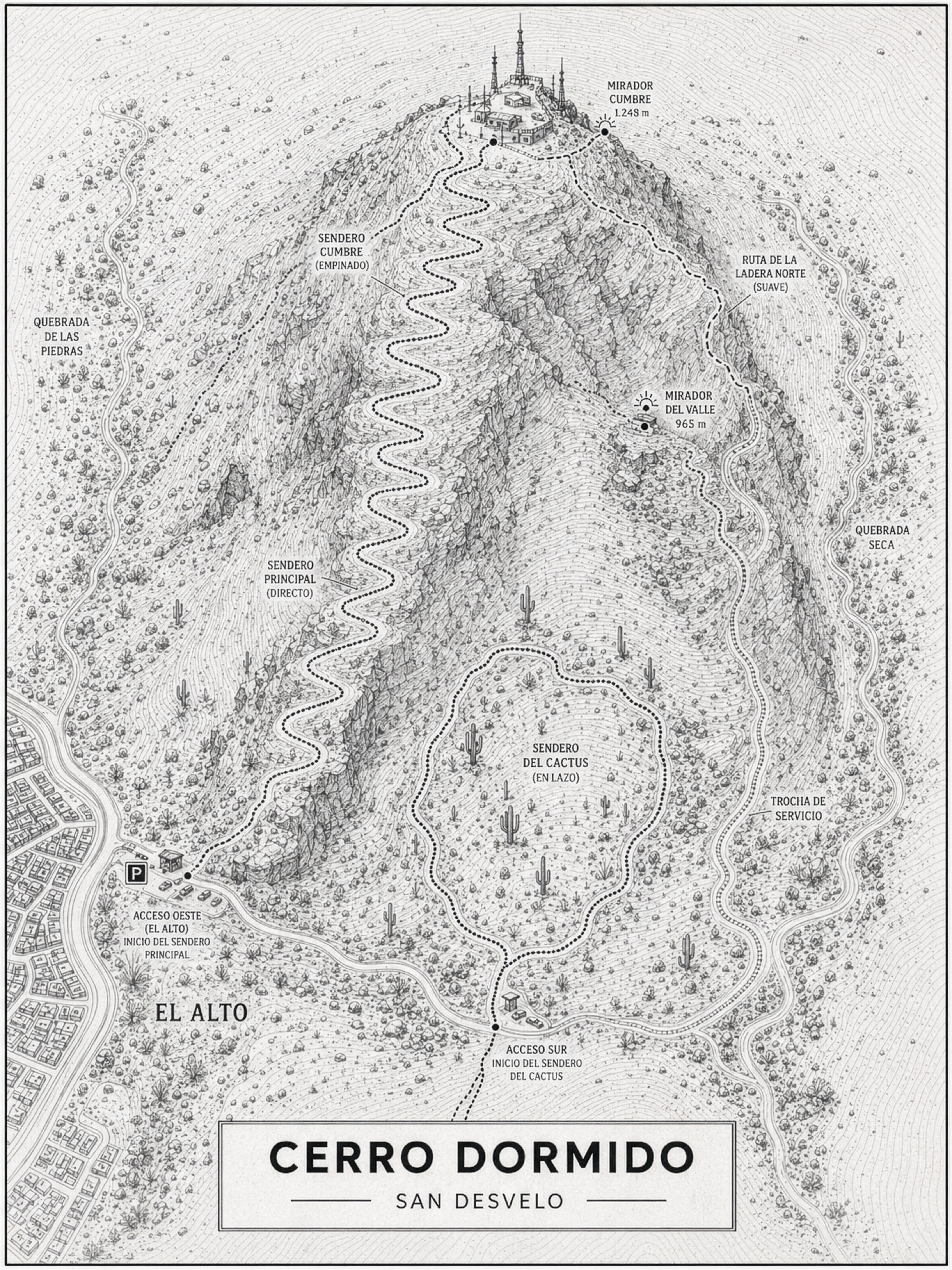 Rutas de acceso, senderos, miradores y alturas del Cerro Dormido.