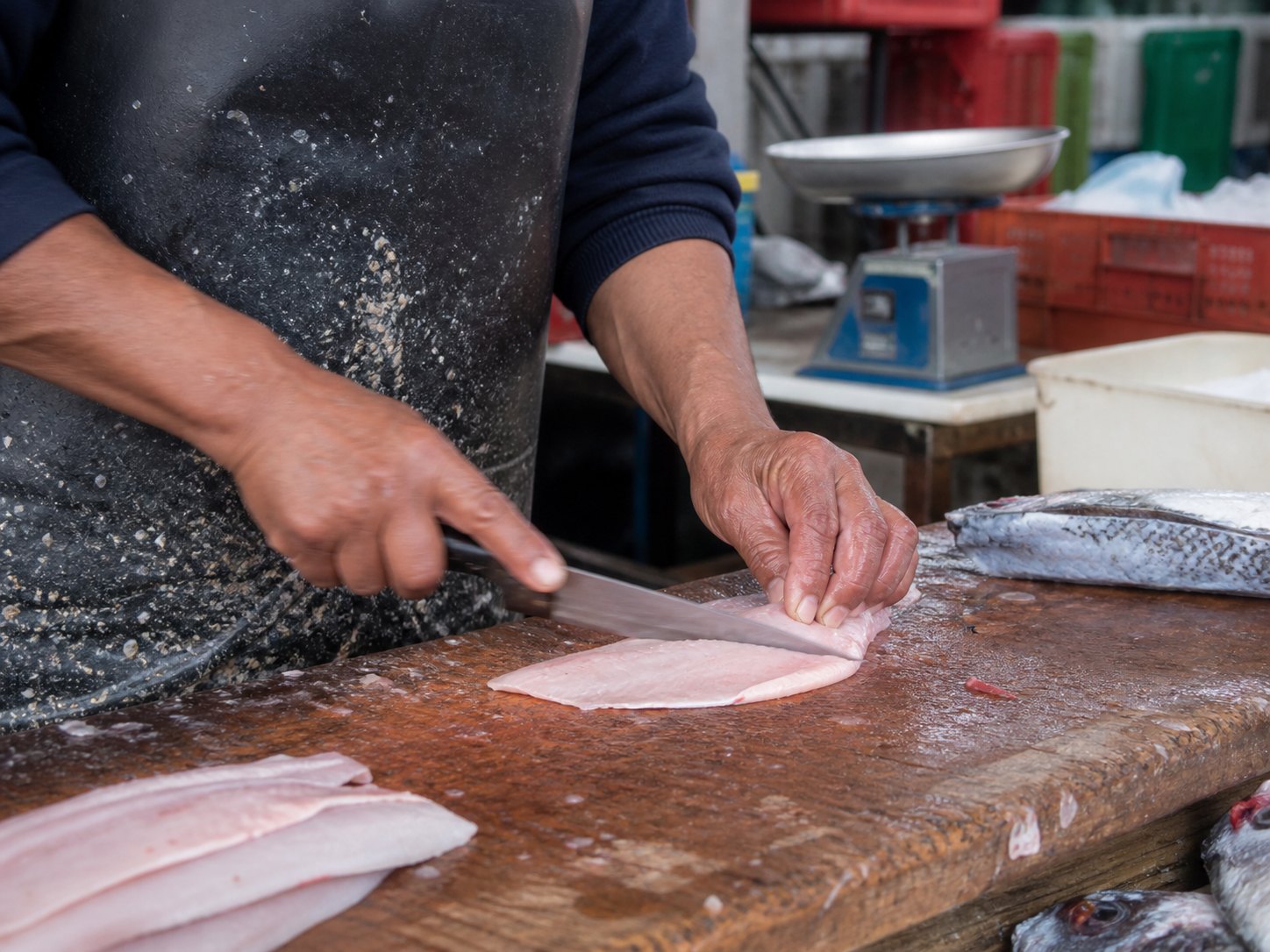 Pescado, hielo, balanza y superficie de trabajo.