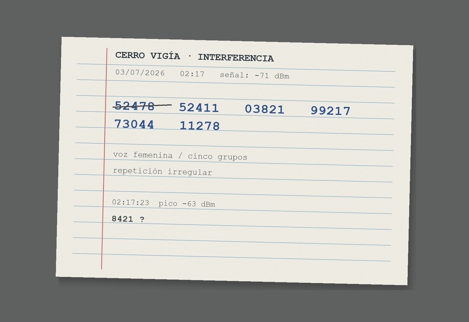 Hoja con grupos numéricos y el error de transmisión 52478.